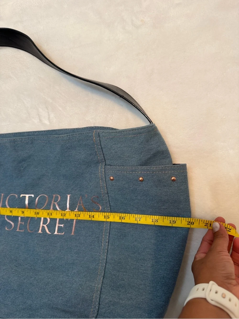 Victoria's Secret Denim Blue Canvas Tote with Black Straps